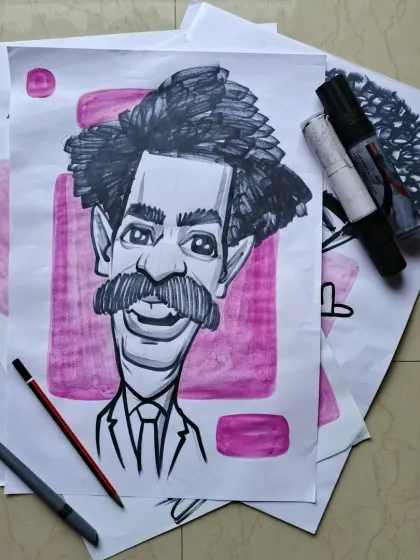 Another character study, this time focusing on an expressive face with a great mustache. The pink background makes the black and white art pop.