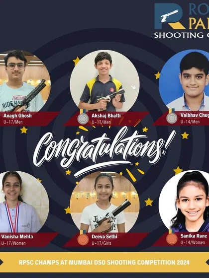 Our champions from the Mumbai DSO Shooting Competition 2024. We are incredibly proud of these young talents who secured gold, silver, and bronze medals in the 10m Air Pistol event, representing different age categories.