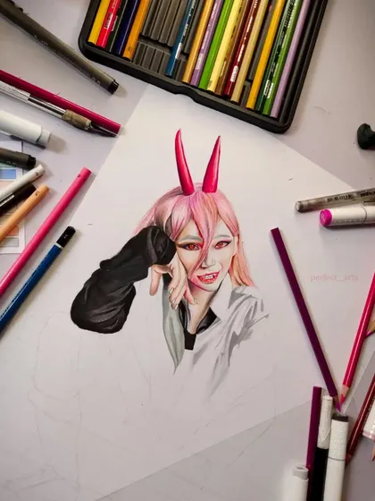 A work-in-progress shot of the Power illustration. This shows the character's face and hair fully colored, demonstrating how I build up the drawing section by section.
