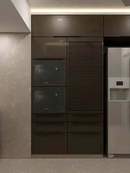 This 3D render details the tall appliance unit, with integrated ovens and a refrigerator. The louvered panel adds a textural element to the sleek, modern design.