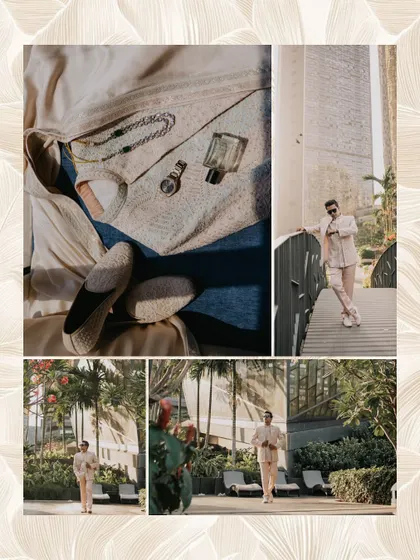A collage focusing on the groom's accessories and getting-ready moments for the Haldi carnival. It highlights the thought and style that went into his look.