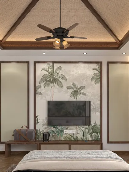 A tropical-inspired bedroom with a high, vaulted ceiling covered in natural fiber matting. The large, leafy mural behind the TV serves as the room's focal point, creating a resort-like, relaxing atmosphere.