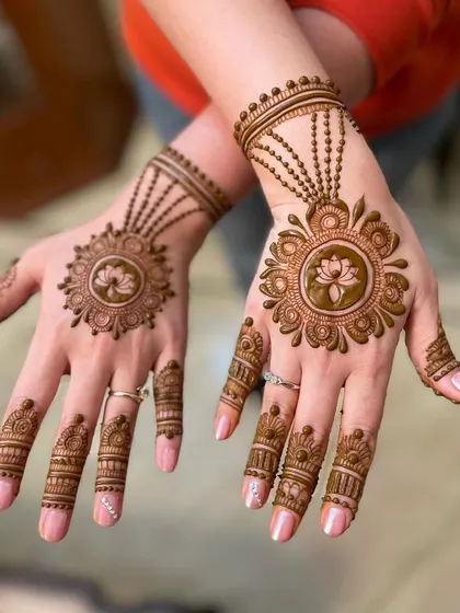 A beautiful pair of hands with matching mandala designs. The central lotus in each mandala adds a touch of grace, and the beaded chains give it a jewelry-like feel.