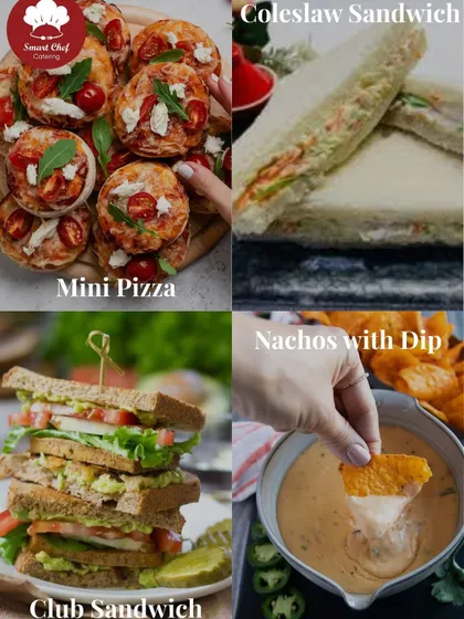 A collage of our vegetarian hi-tea snacks, including mini pizza, coleslaw sandwiches, club sandwiches, and nachos with dip.