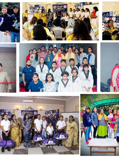 A collage capturing various moments from our community events and workshops. It shows the diversity of people we train, from young girls to women's club members.