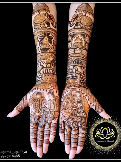 A complete bridal mehandi that balances tradition with personal storytelling. Notice the combination of classic motifs like elephants and peacocks with unique figures representing the bride and groom, creating a design that is both timeless and deeply personal.