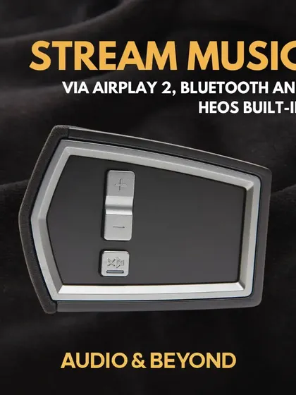 This is a close-up of the Denon DHT-S516H soundbar's remote functions. It allows for easy music streaming via AirPlay 2, Bluetooth, and the built-in HEOS system for a versatile and high-quality audio experience.