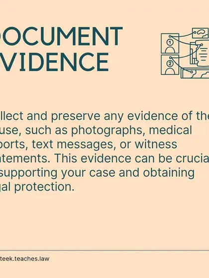 Documenting abuse is crucial for legal action. I advise on how to collect and preserve evidence like photos, messages, and medical reports to build a strong case.