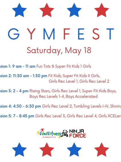 Another look at the GymFest schedule. It's a day full of performances, celebrations, and medals for everyone.