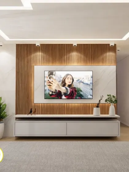 Another view of the same TV unit, demonstrating its clean lines and the ambient lighting that highlights the textures.