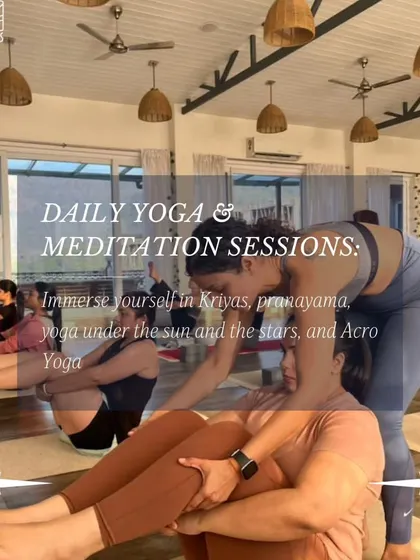 An invitation to an upcoming retreat, showcasing a moment of hands on assistance in a group class. My retreats are designed to be a deep, soulful recharge.