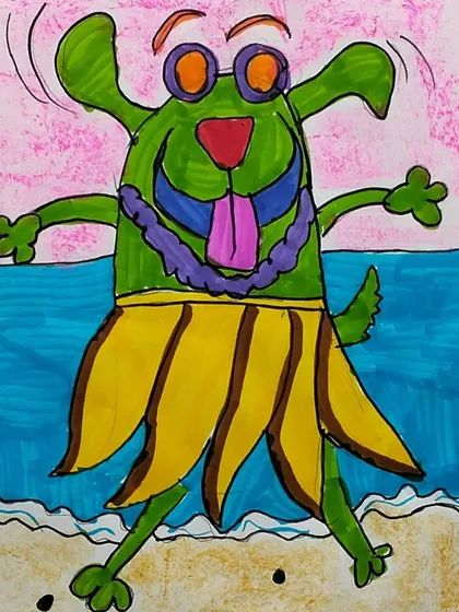This dancing dog character is another example of a student's creativity. The bright colors and joyful pose make this a piece of art that is sure to make you smile.