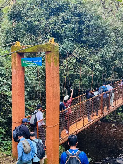 A full group of trekkers making their way across the hanging bridge at the Pushpagiri trek start point. The excitement is visible as we head into the wild.