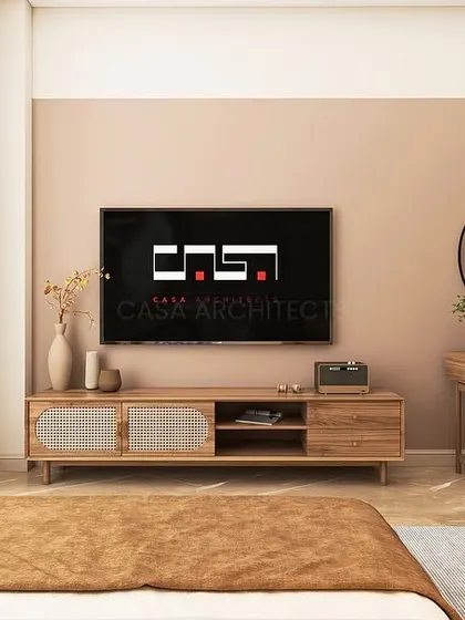 A 3D render of a bedroom with a calm, earthy color scheme, featuring a simple wooden media console and a matching vanity table with a round mirror.