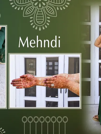 A Mehndi-themed album page showcasing close-ups of the henna and portraits of the bride-to-be.