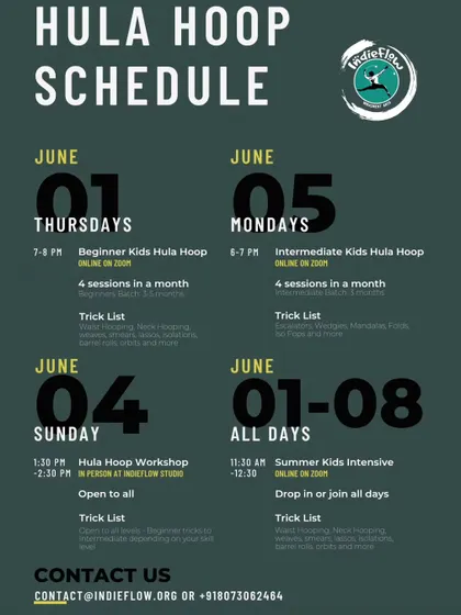 Here is our hula hoop schedule for June, which includes beginner and intermediate kids classes online, as well as an in person summer intensive. There's something for every young hooper!