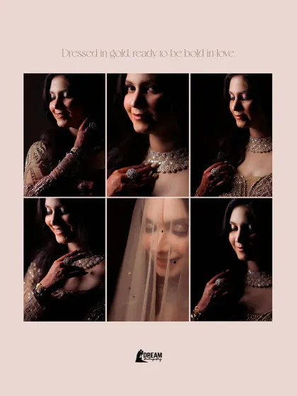 A grid collage of bride Ekta's portraits from her Sagan day, titled "Dressed in gold, ready to be held in love."