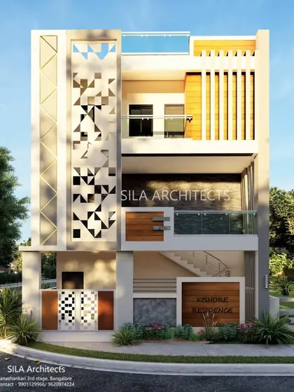 A frontal perspective of the individual house design, showcasing the balanced composition of the facade, including the custom gate and entryway design.