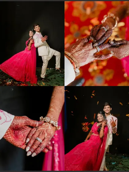 A collage that captures the essence of the Sangeet, from fun couple poses to close-ups of their hands and rings. It’s a collection of the night's most meaningful details and moments.