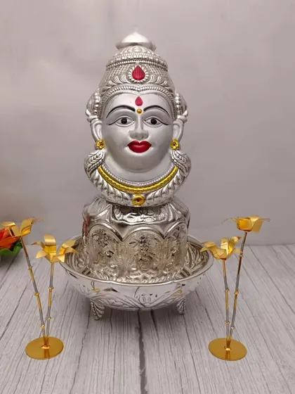 Another beautiful Lakshmi pooja set, this one featuring a German silver Tulasi plant and golden sugarcane trees, essential for festival decorations.