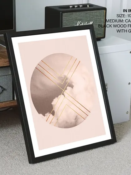 A moody and atmospheric piece combining a cloud photograph with geometric golden lines. The juxtaposition of soft nature and sharp graphics, set against a blush pink background, creates a unique and modern minimalist artwork.