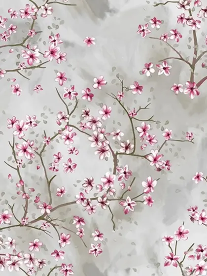 A pink cherry blossom wallpaper design against a soft grey, cloudy background.