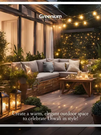 This Diwali, let your outdoor space shine with elegance. This image shows a beautifully designed terrace with cozy seating and warm lighting, setting the perfect mood for celebration.
