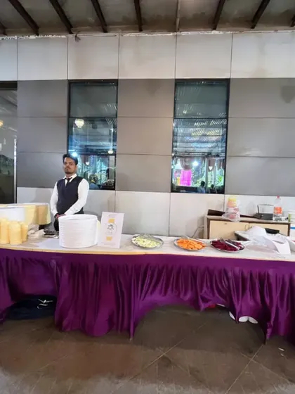 A salad and plate counter set up for a wedding of 550 people in Vikhroli. I ensure all parts of the meal are well organized.