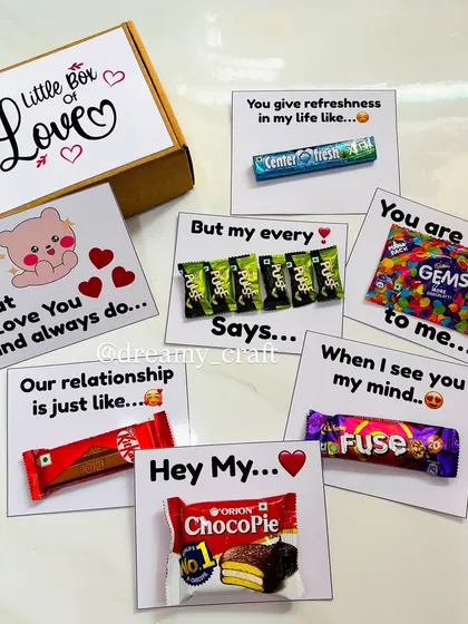 My 'Little Box of Love' is a simple and heartfelt gift. It includes a collection of chocolates, each with a cute, punny message to make someone smile.