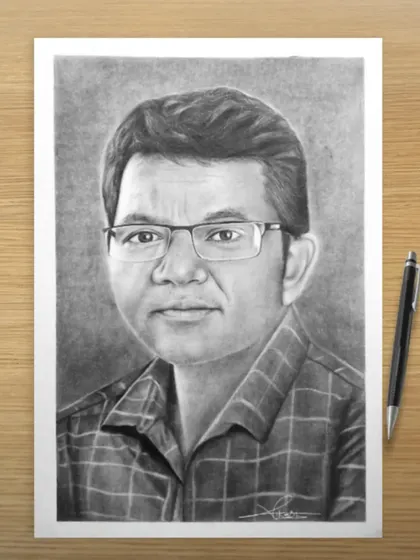 A commissioned portrait of a man with glasses.