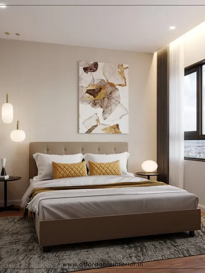 A cozy and modern bedroom design with warm neutral tones, pendant lighting, and a large abstract artwork that adds a splash of color and personality.