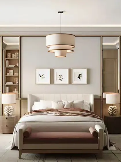 A duplicate of image 71, this bright and elegant bedroom uses mirrored panels and light wood tones to create a sense of space and luxury. The design includes integrated shelving and a matching dressing table for a cohesive look.