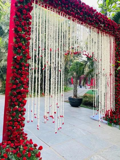 The full entrance arch, showcasing the dramatic combination of a dense red rose frame and a curtain of white floral strings.