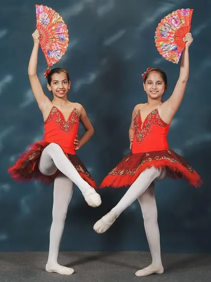 Dancers from our 'Don Quixote' performance. The use of fans as props adds a fiery, Spanish-inspired flair to the classic ballet choreography, showcasing both technique and personality.
