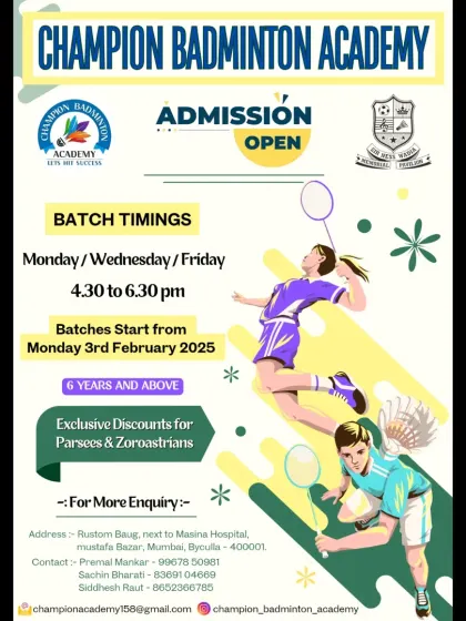 Admissions are now open for our Byculla center at Rustom Baug. Batches for players aged 6 and above start soon. We also offer exclusive discounts for Parsees and Zoroastrians at this location.