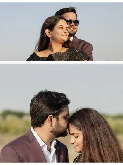 A collage of close-up and intimate portraits from a riverside pre-wedding shoot, capturing tender moments and happy smiles.