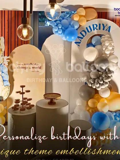 This Peter Rabbit themed setup is perfect for a charming baby shower or first birthday. The decor features the beloved character, a classic quote, and a beautiful balloon arrangement in soft, gentle colors.