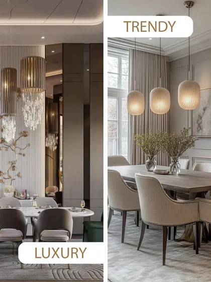 Luxury vs. Trendy in the dining room. Do you prefer the dramatic, opulent chandeliers and rich textures, or the simple, elegant pendants and clean furniture?