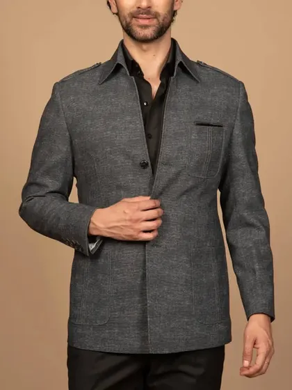 A full view of the grey summer shacket. It's a versatile piece that can be worn buttoned up or open as a light jacket, perfect for casual chic looks.