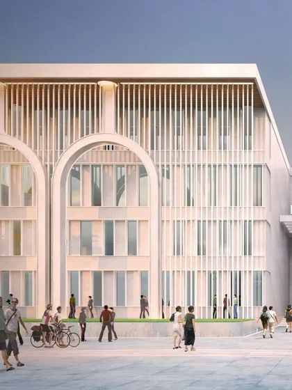 A detail of the MIMS facade shows the interplay of classical arches and modern vertical fins. This balance of traditional and contemporary elements creates a unique architectural language for the institution.