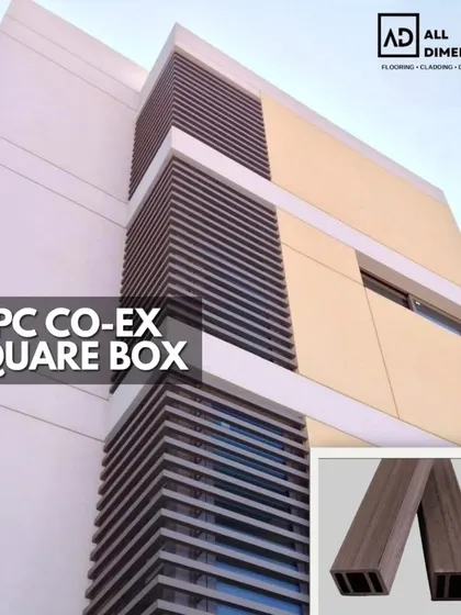 Here, WPC Co-Ex square box louvers are used as a decorative facade element on a multi-story building, breaking up the flat surfaces and adding architectural interest.