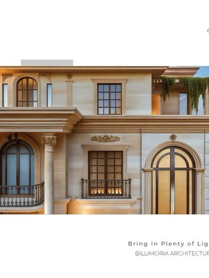 A detailed view of a building facade, showing the precise craftsmanship of the stone cladding, window moldings, and wrought iron railings. Every element is carefully considered to contribute to the overall elegance.