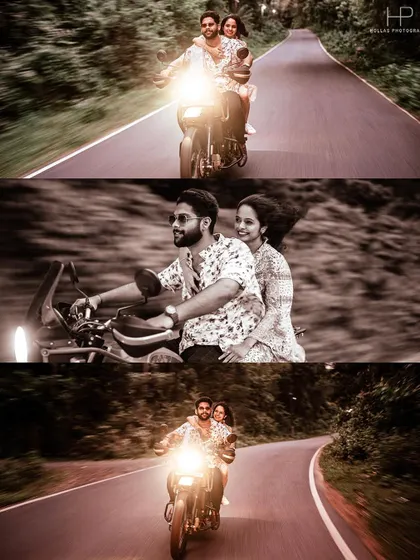 A three-panel collage of a couple's motorcycle adventure. It combines action shots with a classic sepia-toned portrait, telling a complete story of their ride.