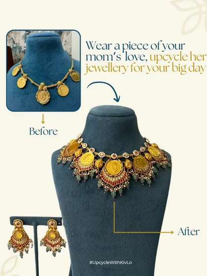 A mother's bridal coin necklace, upcycled for her daughter's big day. We took the original five coins and added handcrafted kundan pieces, rubies, and emeralds to create a stunning South Indian bridal set.