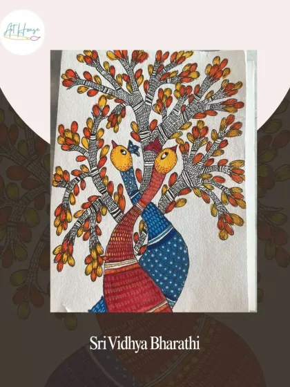 A stunning Gond art piece by Sri Vidhya Bharathi from our online workshop. Gond art is known for its intricate patterns of dots and dashes that fill the entire canvas.