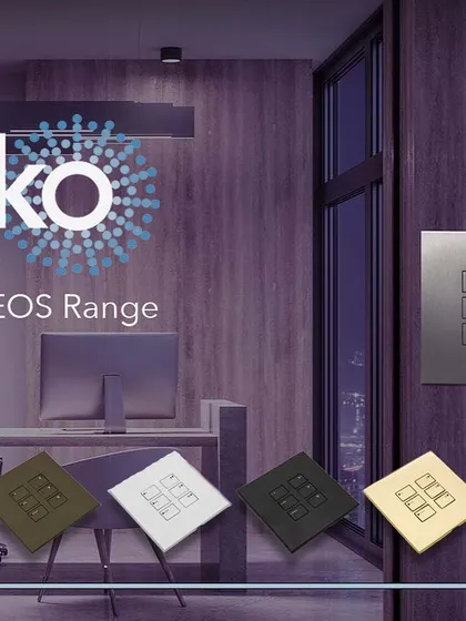 An overview of the Rako EOS keypad range, showcasing the variety of finishes available to suit any environment, from a modern office to a luxury home.