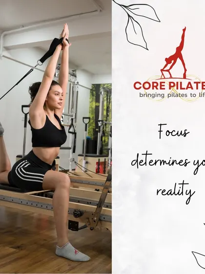 Focus determines your reality. This client demonstrates a deep stretch on the Reformer, targeting the hip flexors and quadriceps.