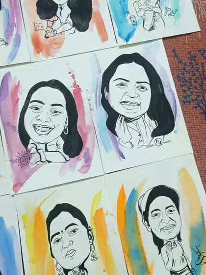A collection of the caricature portraits, showcasing the variety of expressions and personalities I captured.