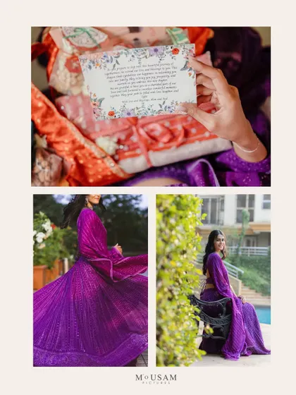 A collage from an intimate Mehendi, showing the bride's portraits and a heartfelt note from a loved one. It’s a beautiful summary of a day filled with personal touches, love, and celebration.