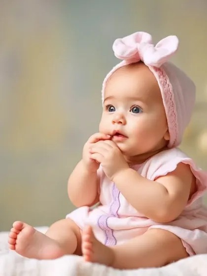 A sweet, thoughtful portrait of a baby girl in a pink outfit, captured with soft lighting to emphasize her innocent expression.
